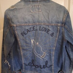 Embroidered Denim Jacket with Peace Love Soul Design